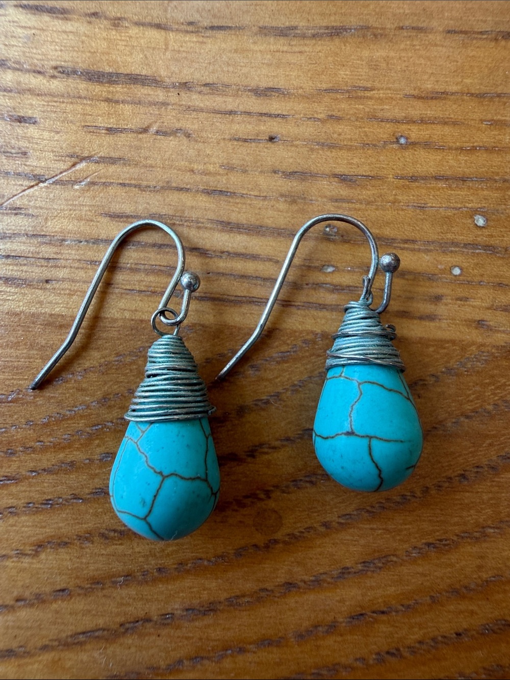 Handcrafted Turquoise Teardrop Wire-Wrap Earrings